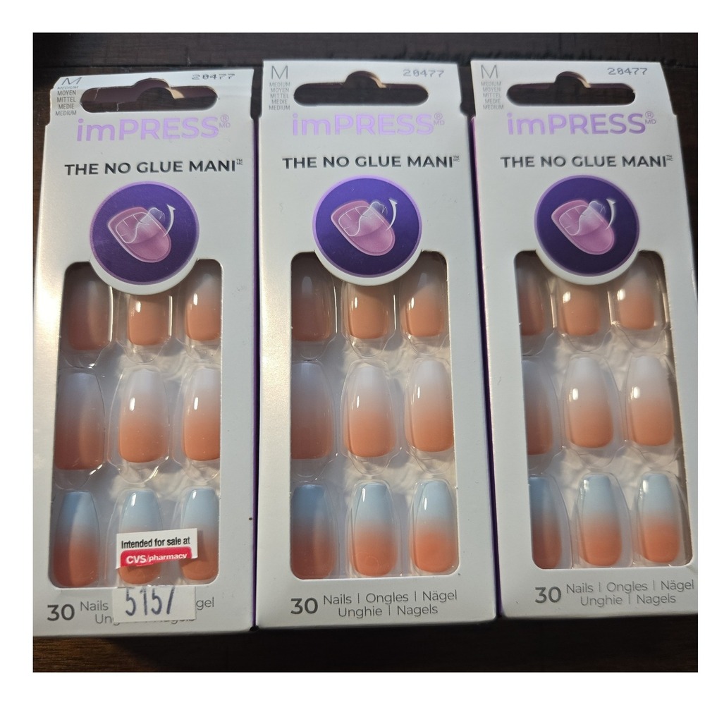 imPRESS Press-On Manicure 30ct Medium Coffin Ombre Peach Blue 20477 3-Pack New